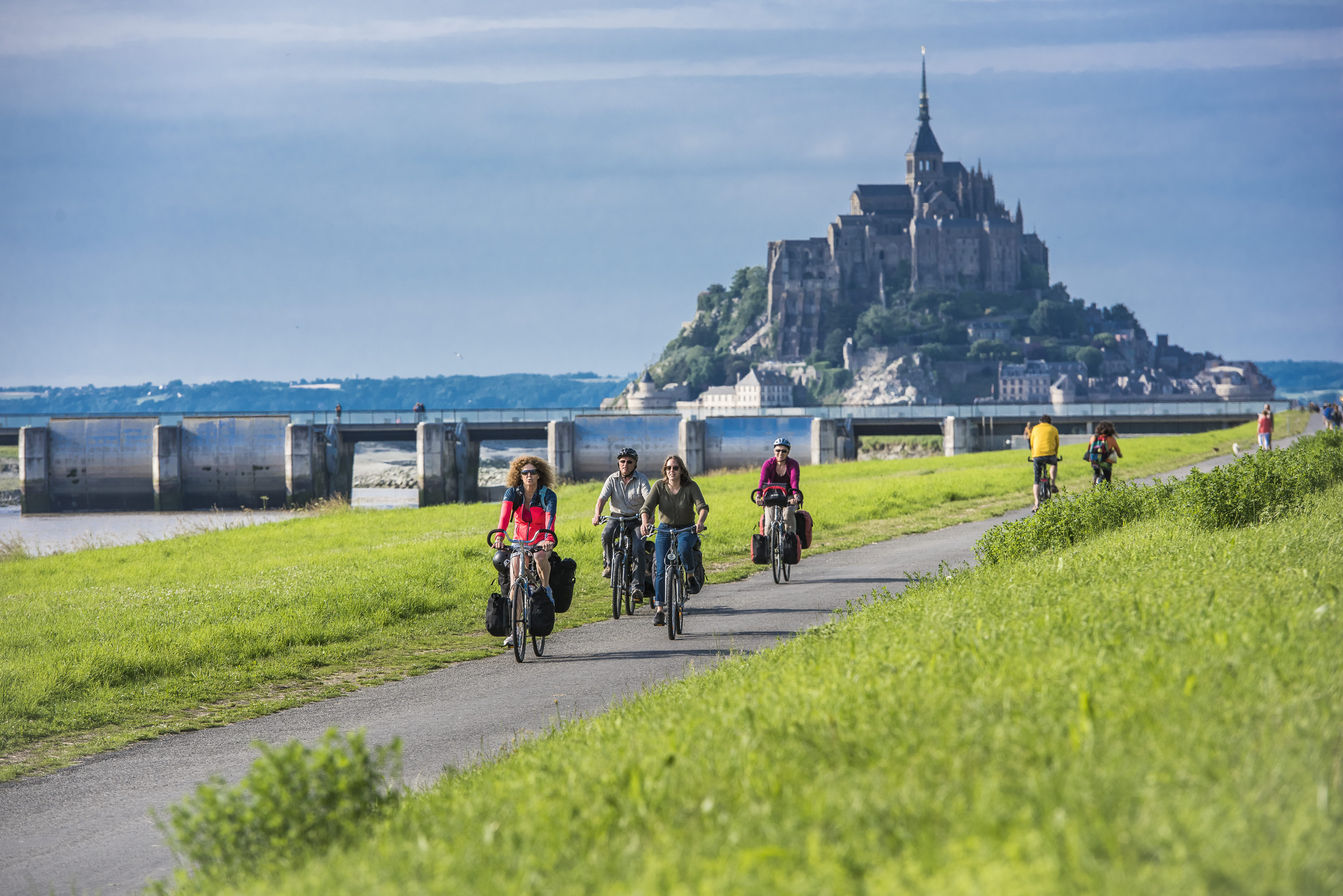 Mont-Saint-Michel borders Brittany and Normandy, photo of Cyclomundo riders by David Darrault