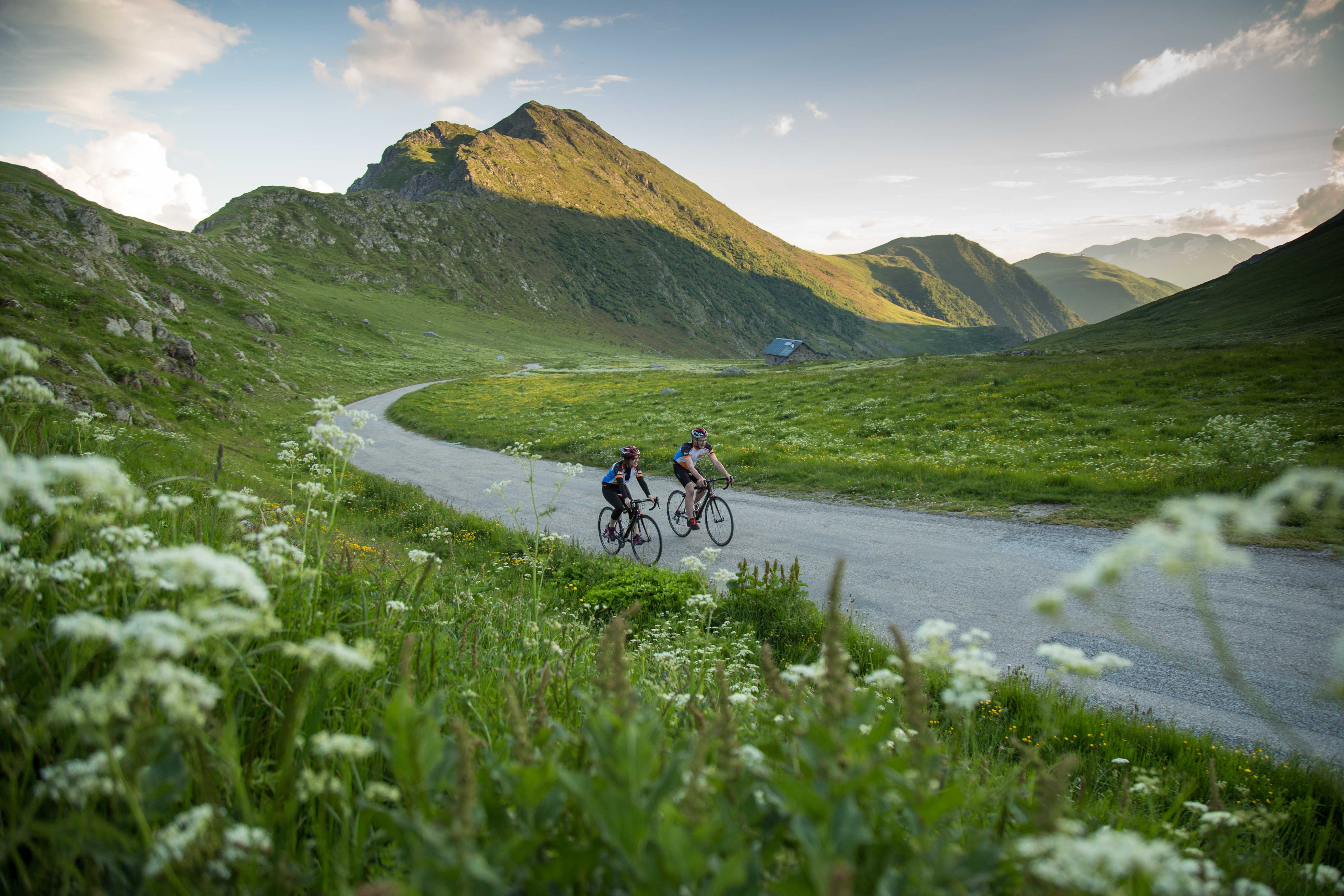 Biking in the Alps: riding up Col de Sarenne in the vicinity of Alpe d'Huez 